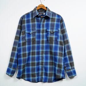 Vintage Panhandle Slim Western Pearl Snap Plaid Shirt USA Blue L